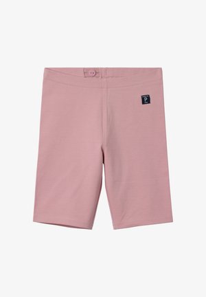 Lyserøde bomuldsbukser med knaplukning i taljen og et lille sort logoetiket på ryggen, med en glat overflade og lige skæring.