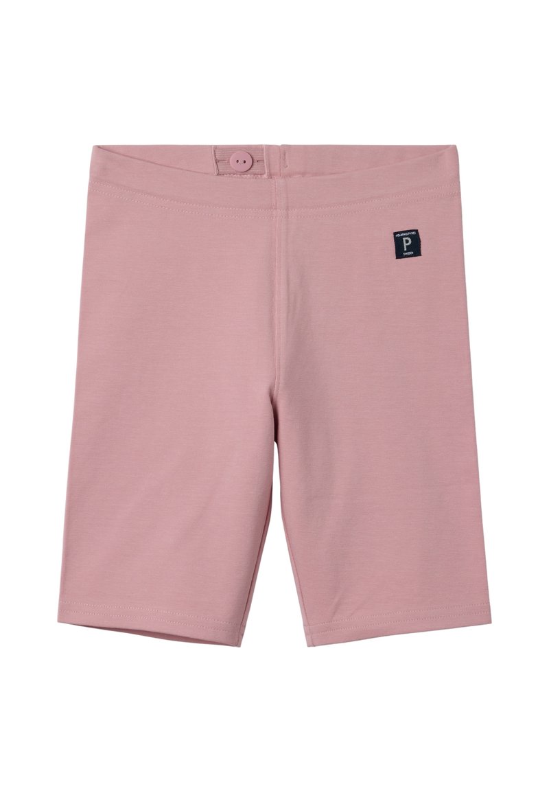 Roze katoenen shorts met een knoopsluiting bij de taille en een klein zwart logo-label op de achterkant, met een gladde textuur en rechte pasvorm.