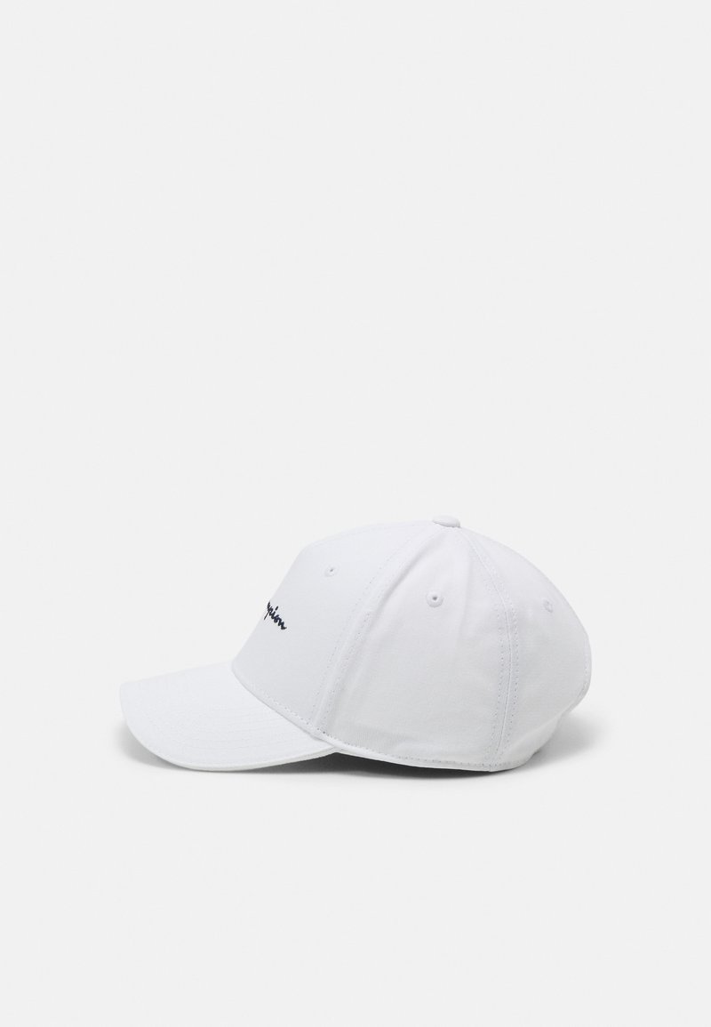 Gorra de béisbol de algodón blanca con visera curva, diseño de seis paneles y logotipo bordado en negro en el lado izquierdo delantero.