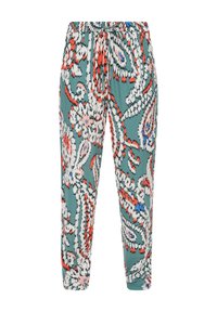 Spodnie z elastyczną talią w kolorze morskim z intensywnym wzorem paisley w kolorach czerwonym, białym i niebieskim. Lekki materiał o luźnym kroju.