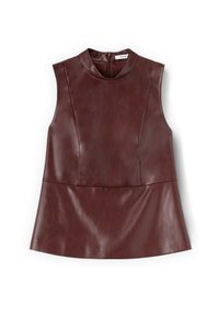 Top senza maniche in ecopelle marrone scuro con scollatura alta e zip sul retro, vestibilità sartoriale e orlo leggermente svasato.