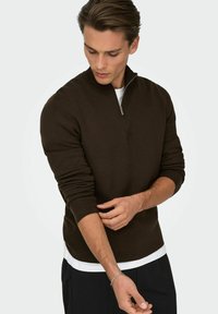 Pull marron à fermeture éclair avec col montant, manches ajustées et texture douce, superposé à un t-shirt blanc. Détail de la fermeture éclair argentée visible.