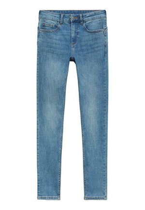 Modre kavbojske hlače s ožjim krojem, srednjim pasom, petimi žepi in z blagim bledenjem na nogah za utrujen videz.