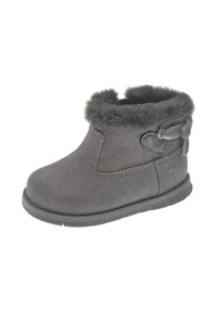 Stivaletto in suede grigio con colletto in pelliccia sintetica, punta arrotondata, dettagli in cucitura e particolare a forma di cuore sul lato. Modello slip-on con suola flessibile.