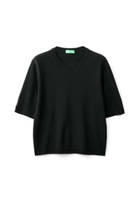 Czarny sweter z krótkim rękawem wykonany z miękkiego materiału, z okrągłym dekoltem i ściągaczami na rękawach oraz u dołu. Bez wzorów ani zdobień.