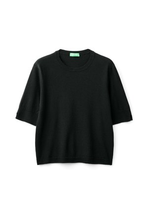 Schwarzer Pullover mit kurzen Ärmeln aus weichem Material, mit Rundhalsausschnitt und Rippstrickabschlüssen an den Ärmeln und dem unteren Saum. Ohne Muster oder Akzente.