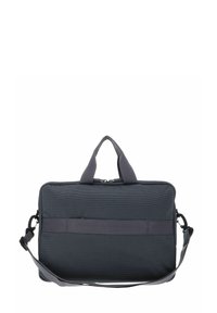 Sacoche d'ordinateur portable grise avec une surface texturée, poignées supérieures, bandoulière ajustable et une poche zippée sur le panneau avant.