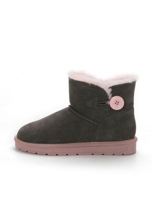 Bota de tobillo de ante gris con un acento de botón rosa, forro de piel sintética blanca alrededor de la parte superior y suela de goma rosa. Diseño simple.