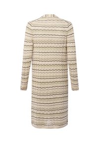Beige Strickkleid mit langen Ärmeln und horizontalen wellenförmigen Streifen in Oliv, Braun und Hellgrün, von hinten gezeigt.