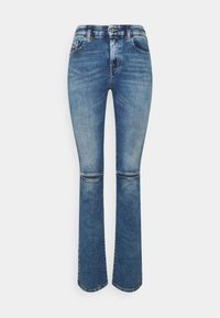 Blå denimjeans med hög midja, rak benpassform, som har framfickor, sömnadsdetaljer och en lätt blekningseffekt.