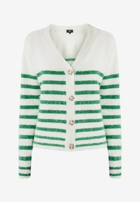 Cárdigan a rayas verdes y blancas con escote en V, con botones en el frente y material suave y texturizado. Manga larga con puños.
