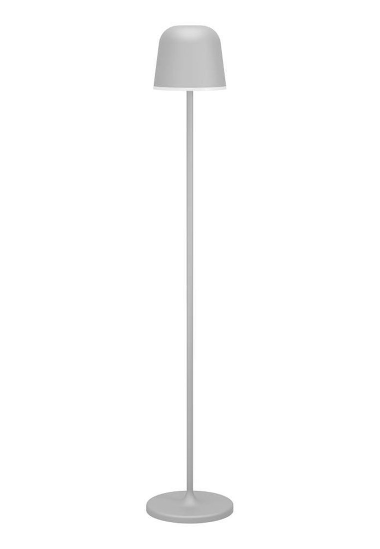 Stehlampe mit mattem grauen Finish, ausgestattet mit einem runden Schirm, schlankem Stab und runder Basis, die ein modernes und minimalistisches Design bietet.