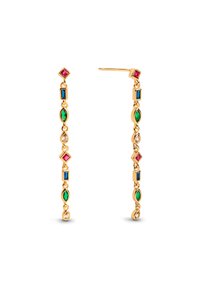 Boucles d'oreilles en or avec des pierres précieuses multicolores de différentes formes : diamant, rectangulaire, ovale et poire. Chaque pierre est montée séparément.