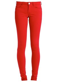 Røde skinny jeans lavet af bomuldsblanding, der har lukning med knapper foran, fem lommer og et glat, tætsiddende design.