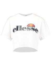 Weißes, kurz geschnittenes T-Shirt aus Baumwolle. Mit einem schwarzen "ellesse"-Logo und einer roten und orangefarbenen Grafik darüber. Kurze Ärmel und runder Ausschnitt.