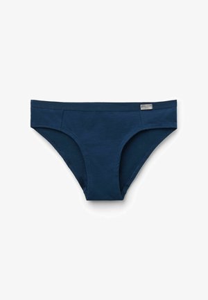Bragas de algodón azul marino con un diseño de altura media, que presentan una textura suave y costuras mínimas para mayor comodidad. Pequeña etiqueta en la cinturilla.
