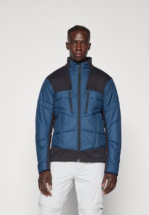 Gepolsterte Jacke mit blauem Oberteil, schwarzen Akzenten an Schultern und Kragen, zwei mit Reißverschluss versehenen Brusttaschen und taillierter Passform.