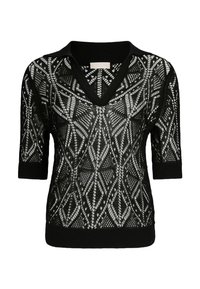 Maglione nero a maniche corte con ampio scollo a V, motivo in pizzo lavorato a maglia con design geometrici e polsini e orlo a coste neri.
