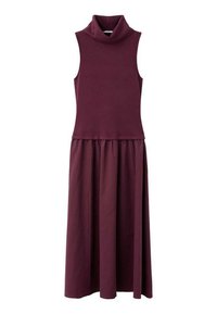 Vestido sin mangas de color burdeos con un escote alto, que presenta un cuerpo ajustado y una falda fluida y fruncida para una silueta relajada.