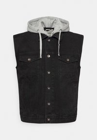 Black denim vest with a gray hood, featuring two chest pockets, silver snap buttons, and a curved hem. The hood has drawstring accents.