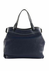 Borsa a tracolla in pelle blu navy con finitura testurizzata, doppi manici resistenti e cuciture bianche lungo il bordo superiore. Forma arrotondata.