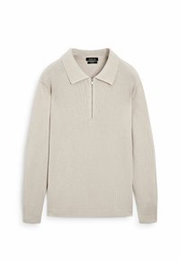 Beżowy pulower na zamek z prążkowaną fakturą, długimi rękawami i klasycznym kołnierzem. Posiada krótki zamek z przodu oraz luźny krój.