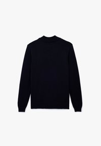 Suéter de punto azul marino con cuello alto, mangas largas y puños y dobladillo acanalados. Tejido texturizado con un acabado suave. Vista posterior.