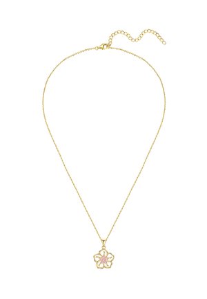 Gold chain necklace with an open five-petal flower pendant featuring pink stones in the center and an adjustable clasp.