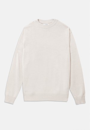 Jasno beżowy sweter wykonany z miękkiego materiału, z okrągłym dekoltem, ściągaczami na mankietach i u dołu, o luźnym kroju i minimalistycznym designie.