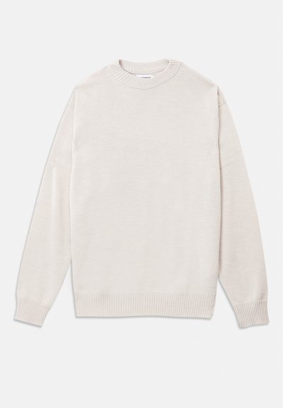 Light beige sweater made of soft fabric, featuring a ribbed round neck, wrist cuffs, and hem, with a relaxed fit and minimalistic design.