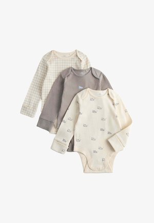 Tre langærmede babybodyer i beige med tern, grå rib med lille kanin og cremefarvet rib med små dyreprints.