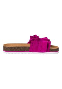 Fuchsia slide sandal featuring a ruffled upper, cork midsole, and white rubber outsole. Textured fabric and layered design elements.