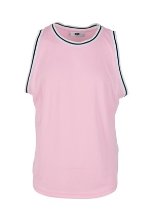 Top sin mangas de color rosa, hecho de tela texturizada, con un cuello redondo que presenta acentos de borde en negro y blanco contrastantes a lo largo de los hombros.