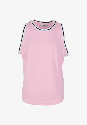 Top sin mangas de color rosa, hecho de tela texturizada, con un cuello redondo que presenta acentos de borde en negro y blanco contrastantes a lo largo de los hombros.