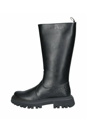 Stivale nero al ginocchio realizzato in pelle liscia. Presenta un'aggiunta testurizzata sul tallone, suola a rilievo spessa e logo impresso sul gambale.