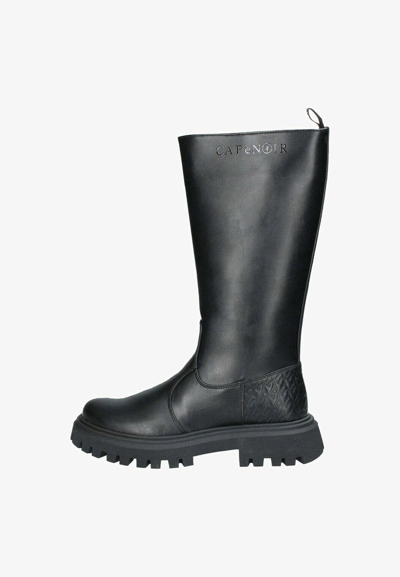 Stivale nero al ginocchio realizzato in pelle liscia. Presenta un'aggiunta testurizzata sul tallone, suola a rilievo spessa e logo impresso sul gambale.