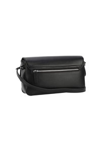 Sort læder crossbody taske med en struktureret og design, frontal lynlås lomme og justerbar rem. Karakteriseret ved en glat tekstur og minimalistisk stil.
