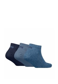 Enkelsokken in drie tinten blauw: donker marineblauw, middelblauw en lichtblauw. Zachte textuur met geribbelde stof en logo bij de boord.