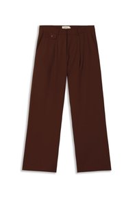 Pantaloni larghi marroni con una texture liscia, caratterizzati da una tasca laterale e un design con pieghe sul davanti per un tocco di dettaglio.