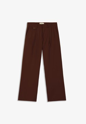 Brown wide-leg trousers with a smooth texture, featuring a single side pocket and pleated front design for added detail.