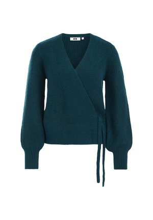 Pull en tricot turquoise avec de longues manches bouffantes, décolleté en V, poignets côtelés et un détail à nouer sur le côté. Tissu doux et texturé.