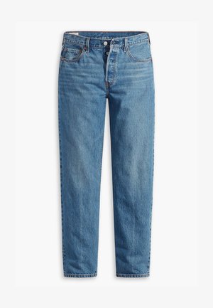 Blue denim jeans with a straight-leg fit, featuring a zip fly, two front pockets, and subtle fading throughout the fabric.
