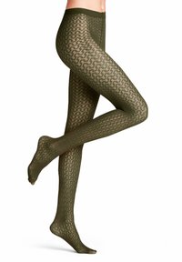 Des collants verts olive à motifs présentent un design géométrique avec une texture transparente et une large ceinture élastique pour le confort.
