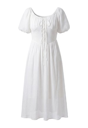 Weißes Midikleid mit gepufften kurzen Ärmeln, einem quadratischen Ausschnitt und vorderer Schnürung, aus leichtem, strukturiertem Stoff gefertigt.