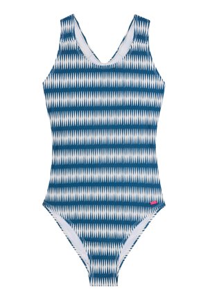 Maillot de bain une pièce avec un motif zigzag bleu et blanc, fabriqué en tissu lisse, doté d'un décolleté arrondi et de bretelles larges.