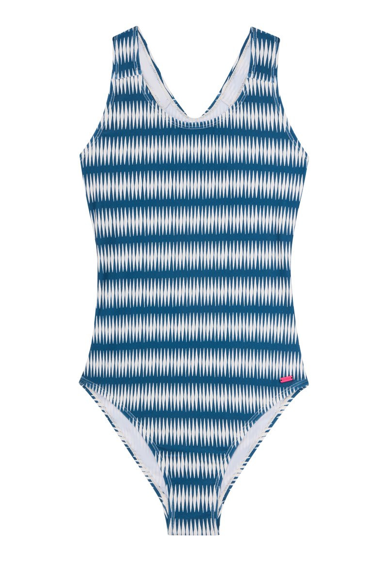 Eén-delig badpak met een blauw-wit zigzagpatroon, gemaakt van zachte stof met een ronde hals en brede banden.