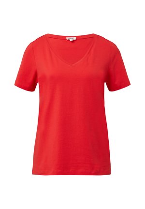 Rode korte mouwen t-shirt met een v-hals. Gemaakt van zachte katoen, met een gladde textuur, casual stijl en een ontspannen pasvorm.
