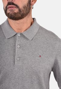 Polo grigia realizzata in tessuto a maglia, con colletto pieghevole, patta con tre bottoni e un piccolo logo rosso, bianco e blu sul petto.