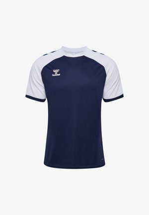 Marineblauw sportshirt met witte mouwen en accenten op de schouders, gemaakt van een gladde stof. Voorzien van een ronde halslijn en een logo op de borst.