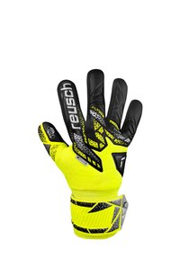 Torwarthandschuh in leuchtendem Gelb und Schwarz. Verfügt über eine strukturierte Griffoberfläche, flexible Finger und verstärkten Handgelenkschutz. Einzigartige Musterelemente.